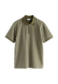 Korte mouwen polo shirt in olijfgroen met verticale strepen. Voorzien van een ritssluiting bij de kraag en een gestructureerde stof met contrasterende witte accenten.
