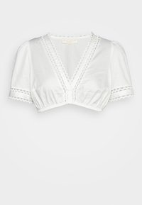 Άσπρη κομμένη μπλούζα με κοντά φουσκωτά μανίκια, V-κατώφλι και λεπτομέρειες δαντέλας στα μανίκια και στο κατώφλι.