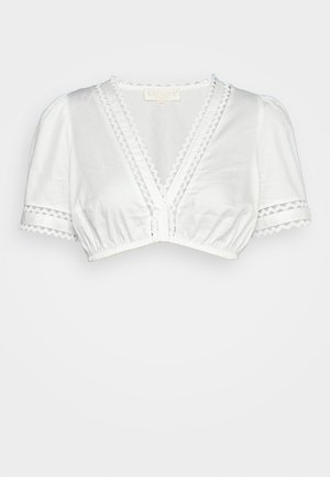 Biała krótka bluzka z krótkimi puff sleeves, dekoltem w serek oraz koronkowymi détails mającymi miejsce na rękawach i dekolcie.