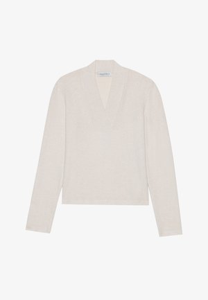 Hämy beige pitkähiha pullover, jossa on V-kaula-aukko, valmistettu pehmeästä neulotusta materiaalista. Yksinkertainen muotoilu, jossa on hieman lyhennetty leikkaus ja ei näkyviä kuvioita.