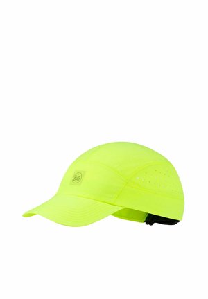 Neon yellow lightweight cap with ventilation holes on sides, curved brim, and adjustable strap at the back, featuring a small logo on front.