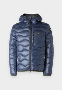 Giacca puffer blu navy con cappuccio, caratterizzata da un design a quadri, zip anteriore e polsini elasticizzati. Include una tasca sul petto.