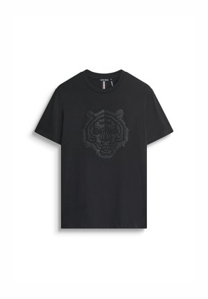 Camiseta de algodón negra con un gráfico texturizado y tonal de la cabeza de un tigre en el frente. Cuello de tripulación clásico y mangas cortas.
