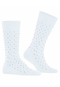 Weiße Socken mit kleinen schwarzen und hellrosa Punkten, gefertigt aus einem glatten, dehnbaren Material mit einem komfortablen, gerippten Bündchen.