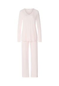 Conjunto de ropa cómoda en rosa claro que incluye un top de manga larga con cuello en V y pantalones de corte holgado a juego. Hecho de tela suave y lisa.
