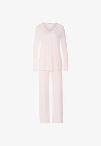 Conjunto de ropa cómoda en rosa claro que incluye un top de manga larga con cuello en V y pantalones de corte holgado a juego. Hecho de tela suave y lisa.