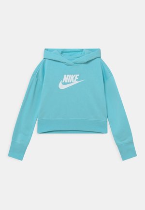 Sweat à capuche turquoise raccourci en tissu doux, avec un grand logo Nike blanc sur le devant et une capuche à cordon.