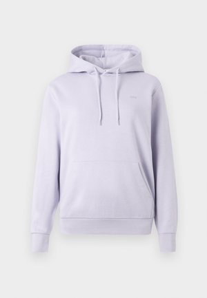 Lavender hoodie van zacht materiaal, met een kangoeroezak, capuchon met trekkoord en geribbelde manchetten. Licht van textuur met minimale branding.
