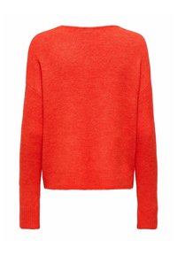 Pull orange vif à manches longues avec poignets et ourlet côtelés, vu de dos, en tissu tricoté doux.