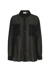Black sheer shirt made of lightweight fabric, featuring a button-down front, collar, and two patch pockets on the chest. Long sleeves.