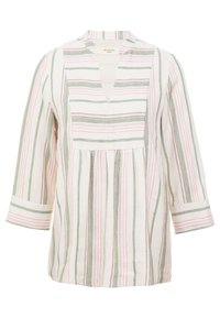Gestreifte Baumwollbluse mit langen Ärmeln, V-Ausschnitt, Falten an der Taille und abwechselnd grünen, rosa und weißen vertikalen Streifen.