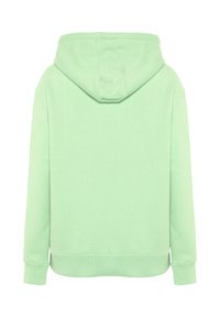 Hellgrüner Kapuzenpullover mit lockerem Schnitt, weicher Textur, gerippten Bündchen und Saum ohne vordere Details oder Taschen.