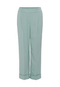 Pantaloni a pi plettati di un verde chiaro, con una vestibilità rilassata. Presentano una vita elastica e orli a polsino, realizzati in un tessuto testurizzato.