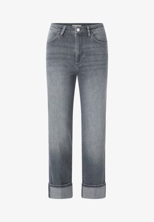 Jeans din denim gri cu un design cu picior drept, având talie înaltă, manșete răsucite și o deschidere clasică cu nasturi. Detalii de decolorare subtilă.