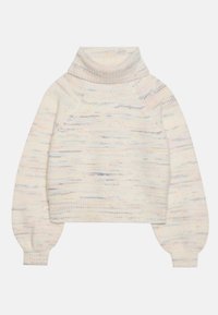 Pull à col roulé crème avec un design texturé côtelé. Présente des taches multicolores dans des tons pastel. Coupe décontractée avec des manches ballon.