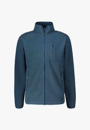 Fleece jacket in dark blue with a high collar, full front zipper, and four pockets, featuring a textured material for warmth.