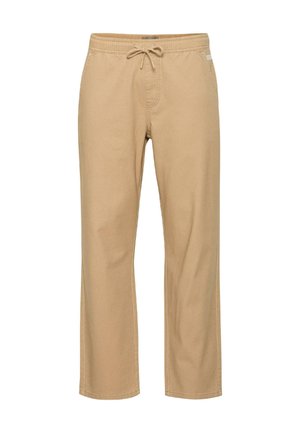 Pantaloni din bumbac, de culoare bej, cu croială dreaptă, talie elastică și șnur pentru ajustare. Include buzunare laterale și are o textură netedă.