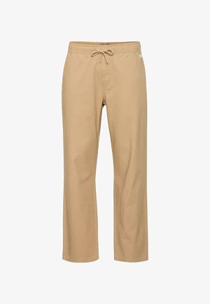 Tan, straight-leg cotton pants with an elastic waistband and drawstring. Features side pockets and a smooth texture.