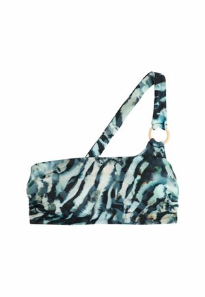 Bikini-Oberteil mit einem trägerlosen Design, das mit einem blauen und schwarzen Tigerstreifenmuster verziert ist. Es besteht aus glattem, elastischem Material und verfügt über ein Detail in Form eines Holzrings.