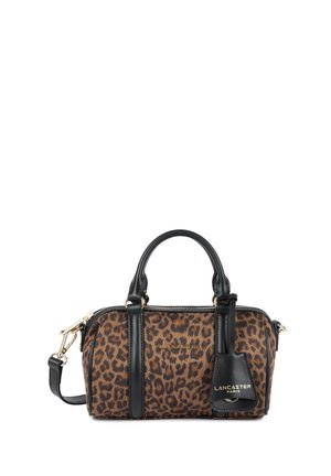 Borsa marrone e nera con stampa leopardata, con manici in pelle nera e tracolla, con logo Lancaster Paris dorato sul davanti.