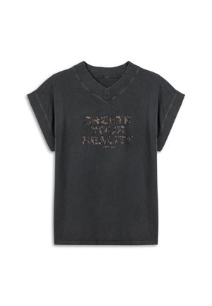 Grey, cotton blend t-shirt with short, rolled sleeves and a V-neck. Features a textured, dark lettering graphic reading "CREATE YOUR REALITY."