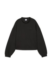 Sudadera corta negra hecha de una tela suave, con mangas largas y abullonadas y un cuello redondo. Un sutil logo está exhibido en el pecho.