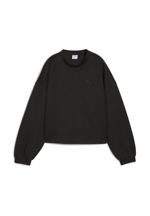 Sort cropped sweatshirt lavet af blødt stof, med lange, puffede ærmer og en rund halsudskæring. Et diskret logo vises på brystet.