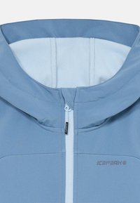 Veste à capuche bleu clair faite d'un matériau doux et texturé, avec une fermeture éclair et un logo sur la poitrine. Intérieur doublé en polaire.