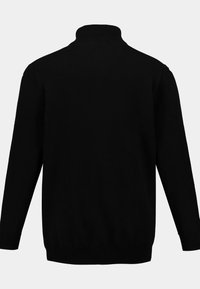 Schwarzer Strickpullover mit hochgeschlossenem Kragen, langen Ärmeln und gerippten bündchen. Glatte Textur und einfaches Design, mit geradem Saum.