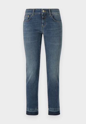 Jean en denim bleu foncé avec une coupe droite, doté d'une fermeture à bouton classique et de cinq poches. Légère décoloration sur les cuisses.