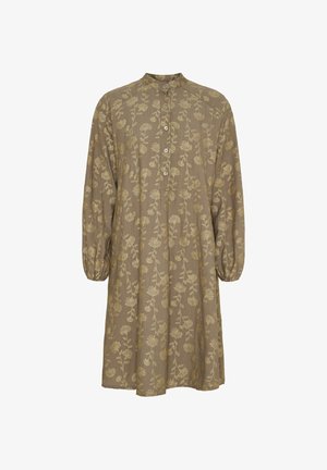 Brun blomstermønstret kjole med høj krave, knapper ned foran og lange puffærmer. Lavet af letvægtsstof.