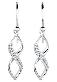 Orecchini d'argento con un design intrecciato e una fila di gemme trasparenti lungo un lato, ganci allungati per la chiusura.