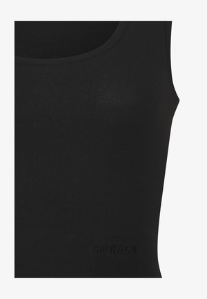 Črni rebrasti top brez rokavov z rahlim izrezom in subtilno teksturo. Na dnu je v reliefu vtisnjen logotip "CPNHGN". Material se zdi elastičen.