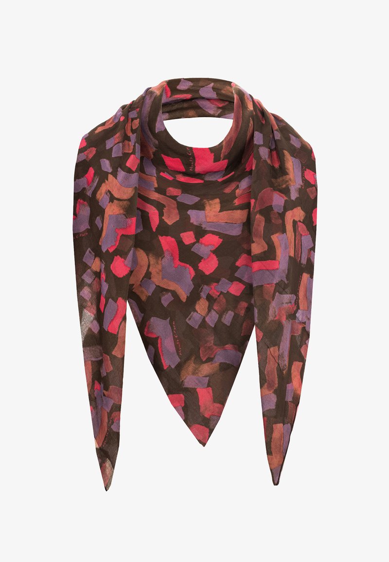 Sciarpa multicolore con sfondo marrone e forme astratte in rosso, viola e arancione. Tessuto leggero con forma triangolare.
