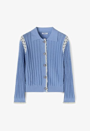 Lichtblauwe gebreide cardigan met verticale ribbels, zilveren knopen aan de voorkant, witte kant op de schouders en witte bies langs de knopenlijn en manchetten.