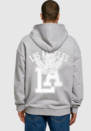 Gray hoodie with a large white graphic on the back featuring "Los Angeles" and an angel figure above "LA" in bold lettering.