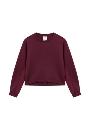 Bordeauxfarbener, verkürzter Sweatshirt mit langen Ärmeln, Rundhalsausschnitt, verstellbarem Kordelzugsaum und Champion-Logo auf der Brust und dem linken Ärmel.
