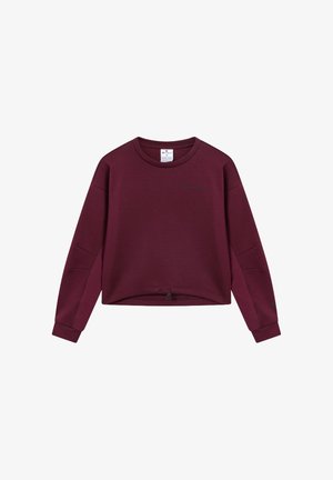Bordowy, krótki sweatshirt z długimi rękawami, okrągłym dekoltem, regulowanym ściągaczem u dołu oraz logo Champion na piersi i lewym rękawie.