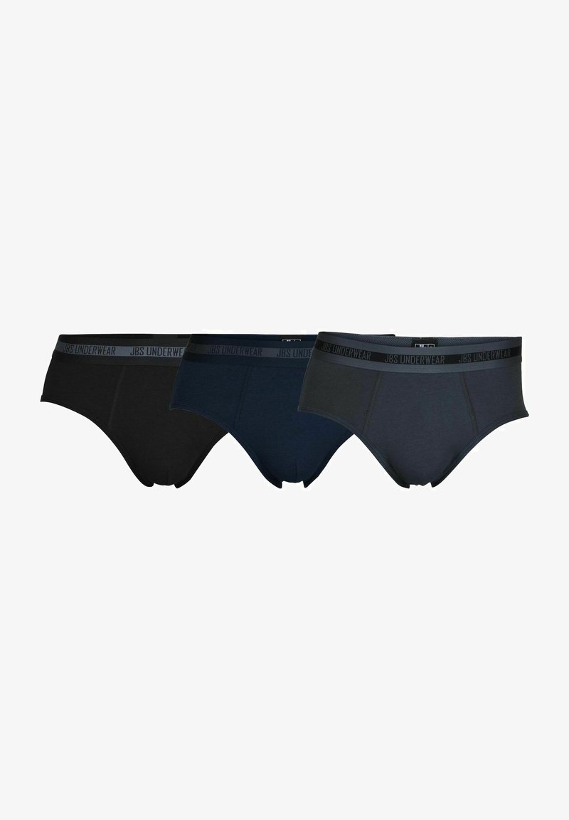 Pakke med tre par trusser i sort, marineblå og mørkegrå. Fremstillet af et blødt, strækbart materiale med elastisk JBS Underwear talje.