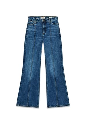 Blaue, ausgestellte Denim-Jeans mit hoher Taille, sichtbaren Nähten und Fronttaschen, glatter Textur und klassischem geradem Schnitt.