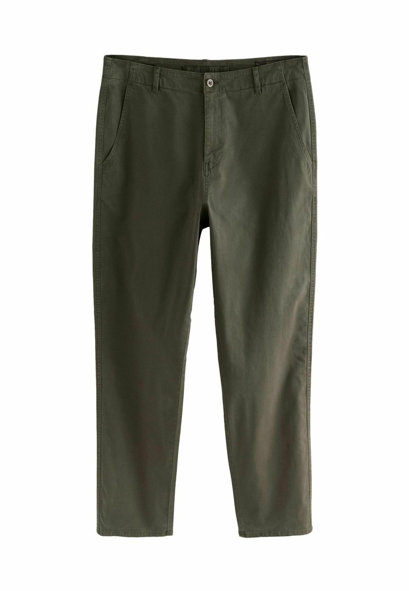 Olijfgroene broek van katoen; rechte pijpontwerp met twee voorzakken en een knoopsluiting. Gladde textuur met minimale stiksels.