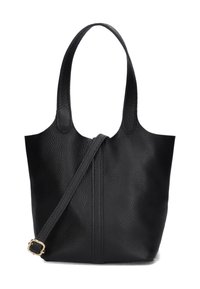 Zwarte leren schoudertas met een gestructureerd oppervlak, twee lange handvatten en een afneembare schouderband. Kenmerkt zich door een naadloos ontwerp en een centrale naaddetail.