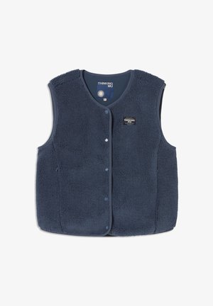 Navy blue fleece vest with a textured surface, snap buttons, and a rounded neckline. Features brand logo on the chest.