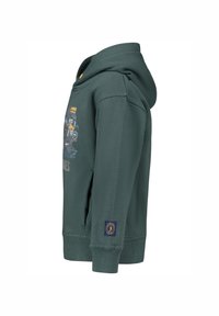 Groene hoodie van een gestructureerde stof, met een grafisch ontwerp aan de voorkant en een logo-opdruk op de mouw. Inclusief een capuchon en zijzakken.