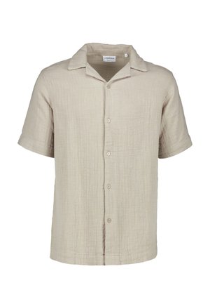 Chemise beige à manches courtes avec boutons, tissu texturé et col ouvert décontracté.