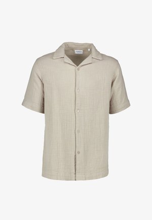 Beige overhemd met korte mouwen en knopen, met een gestructureerde stof en een ontspannen open kraag.