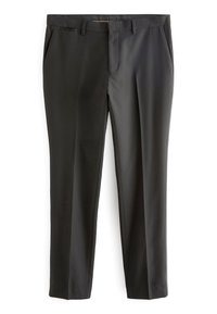 Pantalones negros ajustados de tela suave, de corte recto, con bolsillos laterales y presillas para el cinturón. Presenta pliegues planchados a lo largo de la pierna.