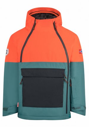 Children's outdoor jacket with orange upper, teal lower body, large front pocket, hood, and Norwegian flag patches on sleeves.