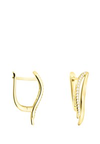 Orecchini color oro con un design a onda. Un lato presenta piccoli pietre trasparenti lungo il bordo curvato. Finitura lucida, leggeri e stile aperto sul retro.