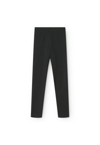 Zwarte leggings van een gladde, rekbare stof. Kenmerkt zich door een hoge tailleband en een nauwsluitend ontwerp, geschikt voor verschillende activiteiten.
